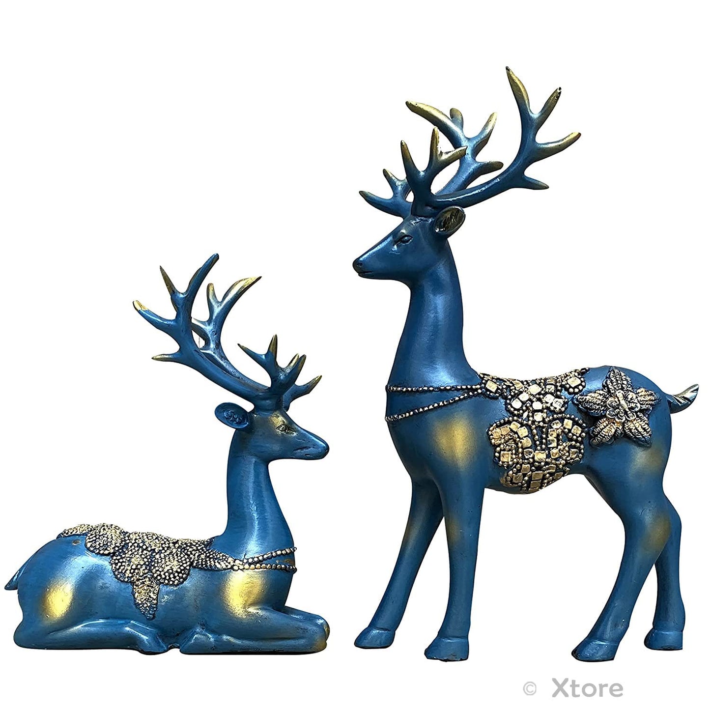 Xtore Creative Resin Golden Reindeer Sculptures | Beautiful Home Decor | Lifts up Energy of Your Room - (Pack of 2, Blue)