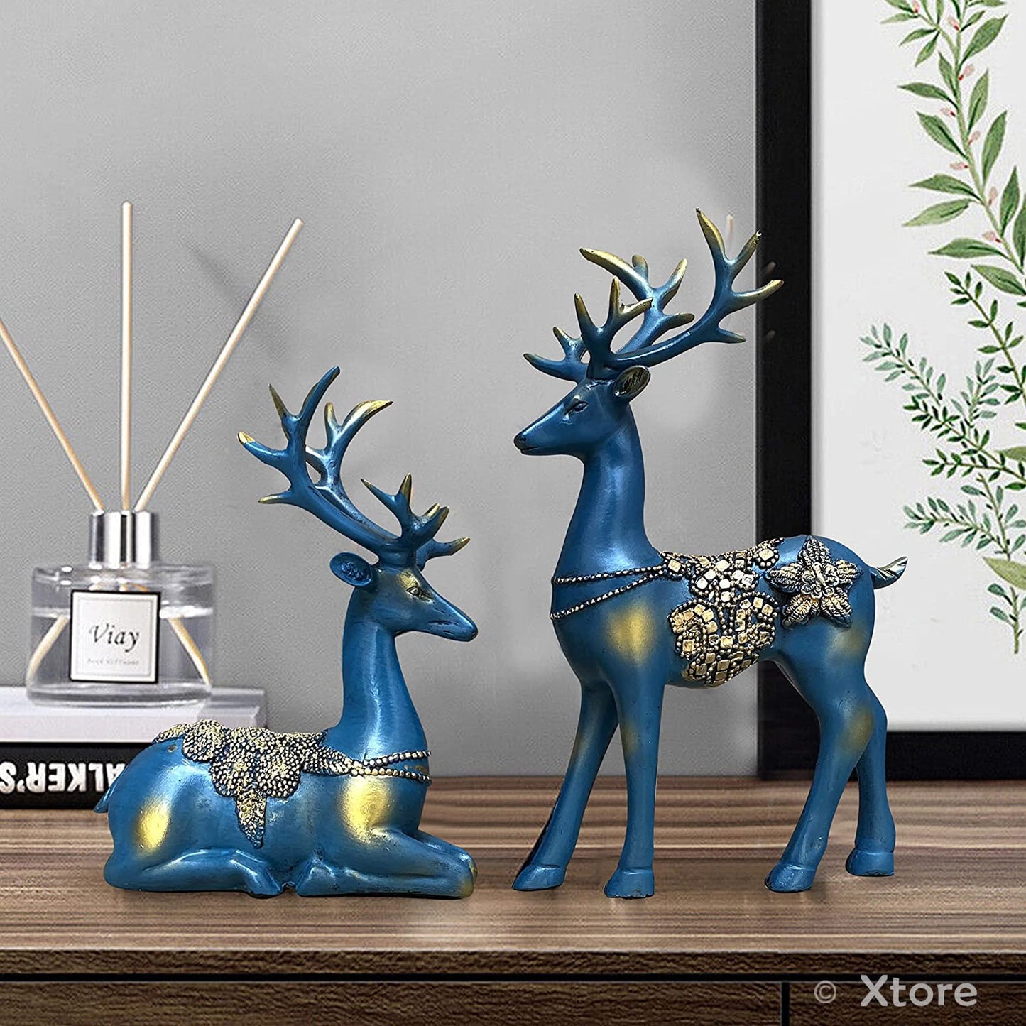 Xtore Creative Resin Golden Reindeer Sculptures | Beautiful Home Decor | Lifts up Energy of Your Room - (Pack of 2, Blue)